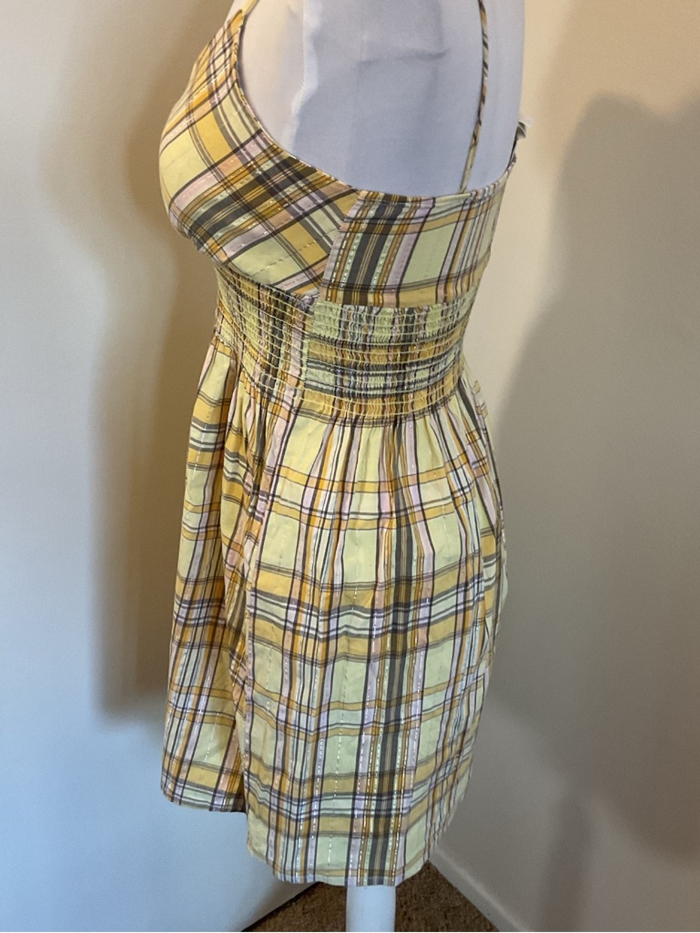 Fabiola Yellow Plaid Sundress Small Smocked Waist V-Neck Cotton Blend Summer - Picture 4 of 5